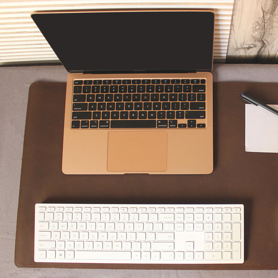 Custom size genuine leather desk mat with laptop and mouse