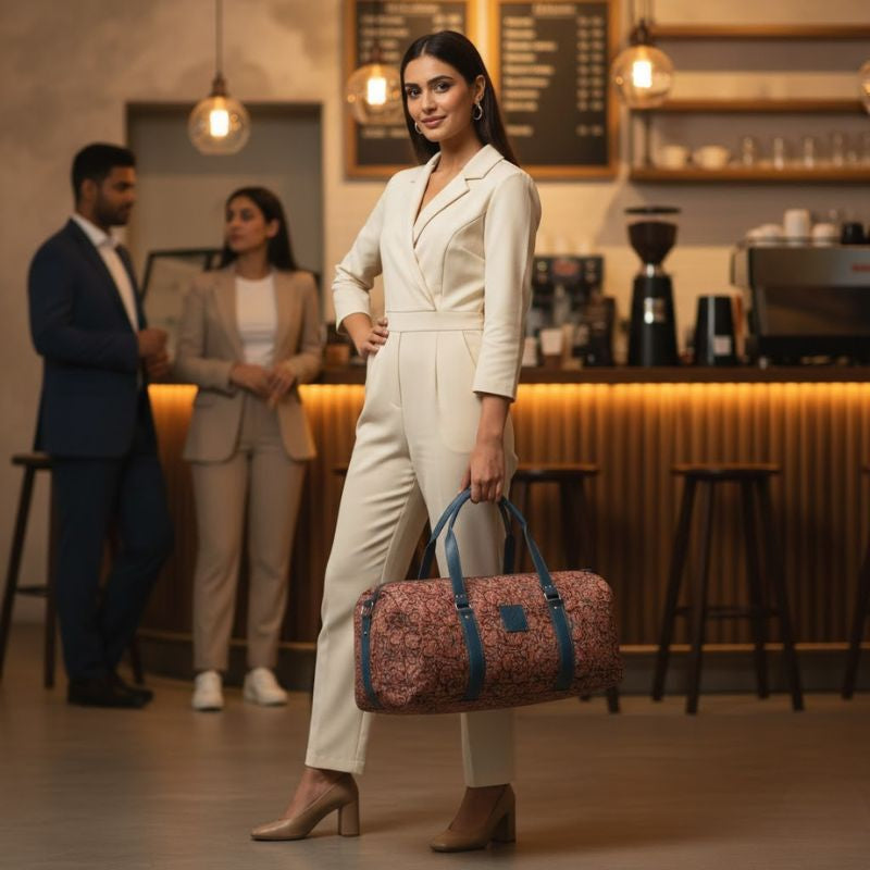 Woman in a white suit holding a patterned bag in a cafe setting