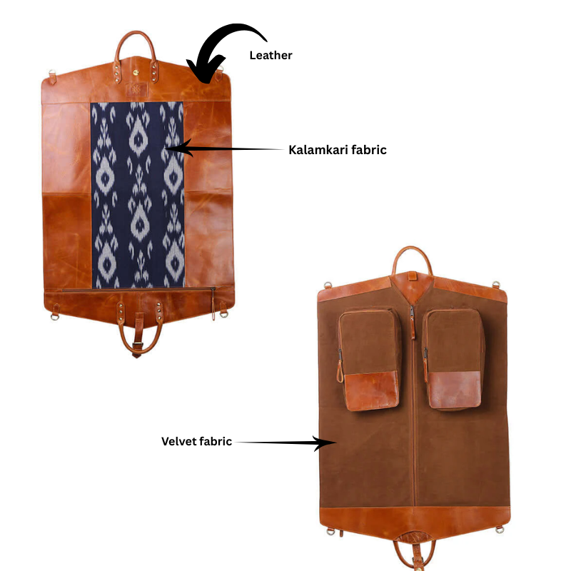 Brown garment bag with leather, Kalamkari fabric, and velvet fabric sections labeled.