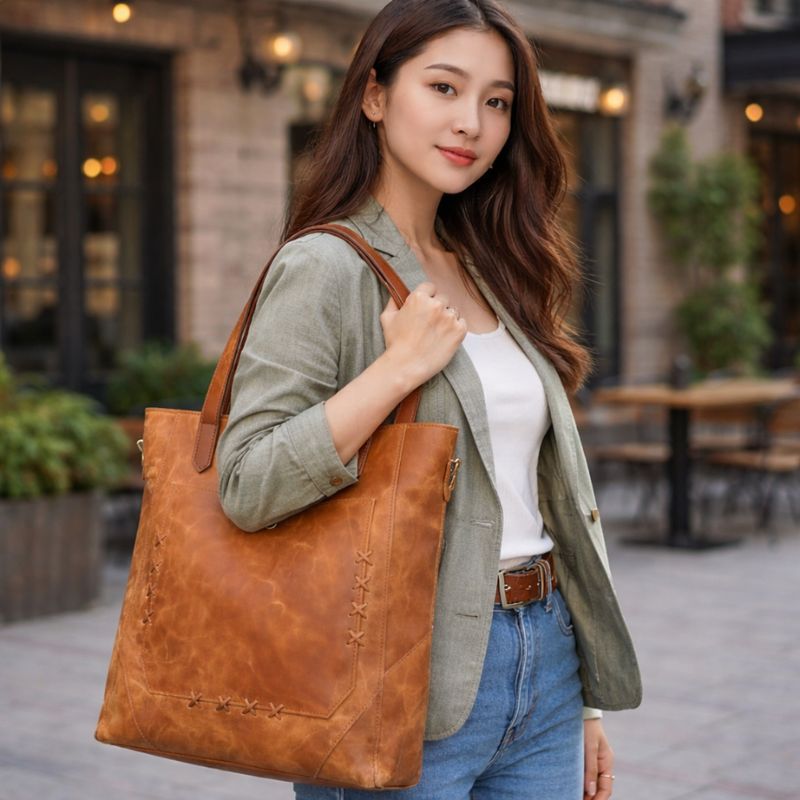 Woman holding a brown leather tote bag in an outdoor setting