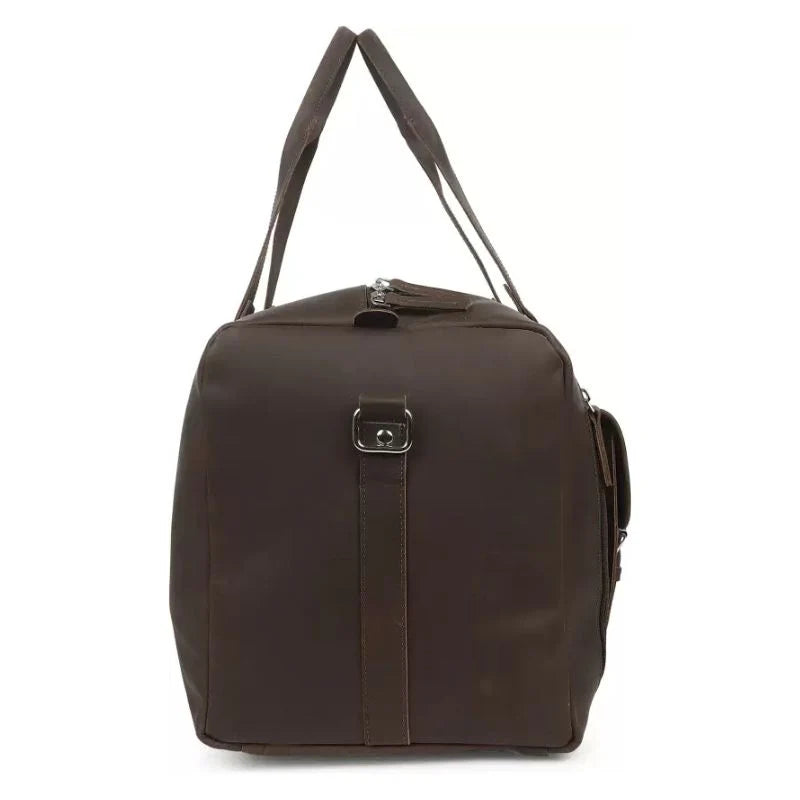 Brown duffel bag with a strap on a white background