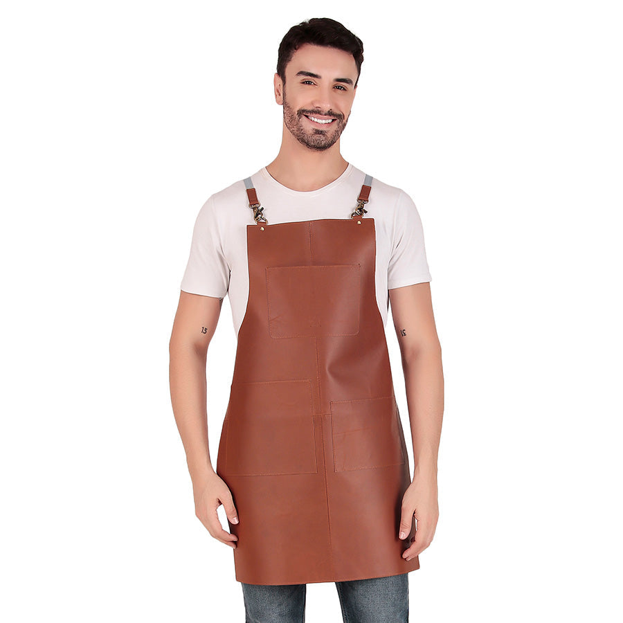 artisan leather apron with embossed initials and tool pockets