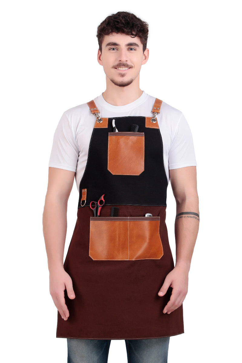 Man wearing a black and brown apron with tool pockets on a white background