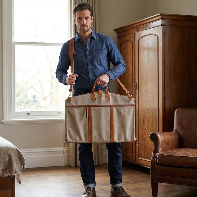 Man holding a beige and brown garment bag in a room with wooden furniture.