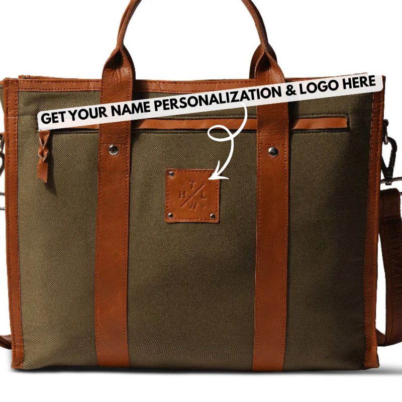 Brown leather and canvas bag with text for personalization on a white background