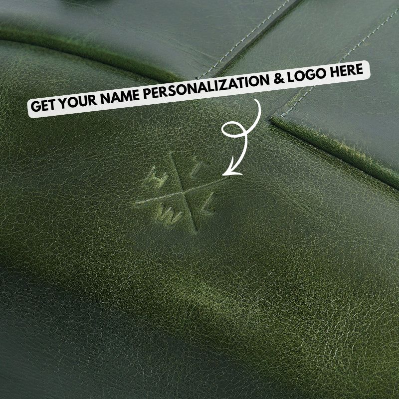 Green leather tote bag with a logo and text overlay for personalization.
