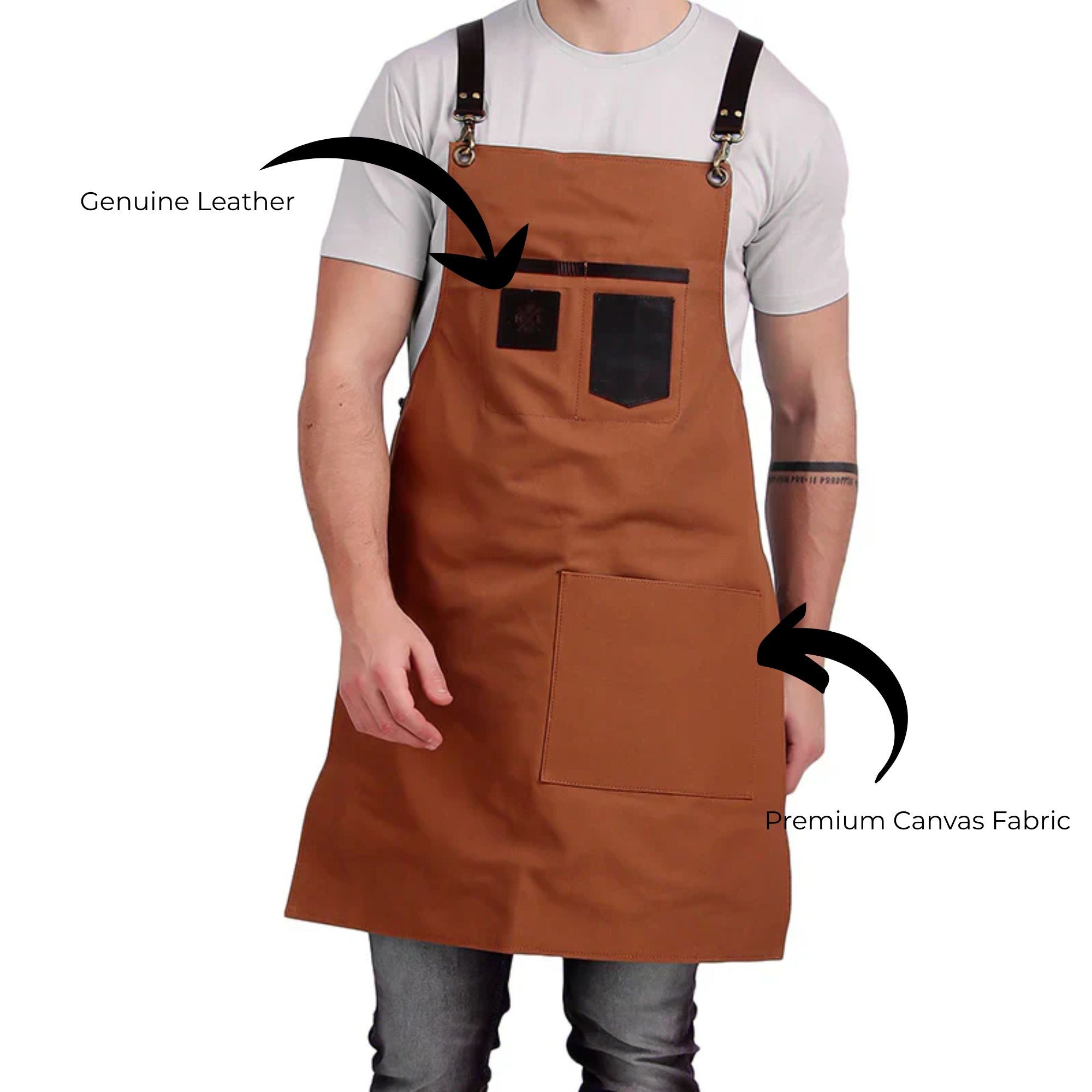 Brown apron with genuine leather accents worn by a person on a white background