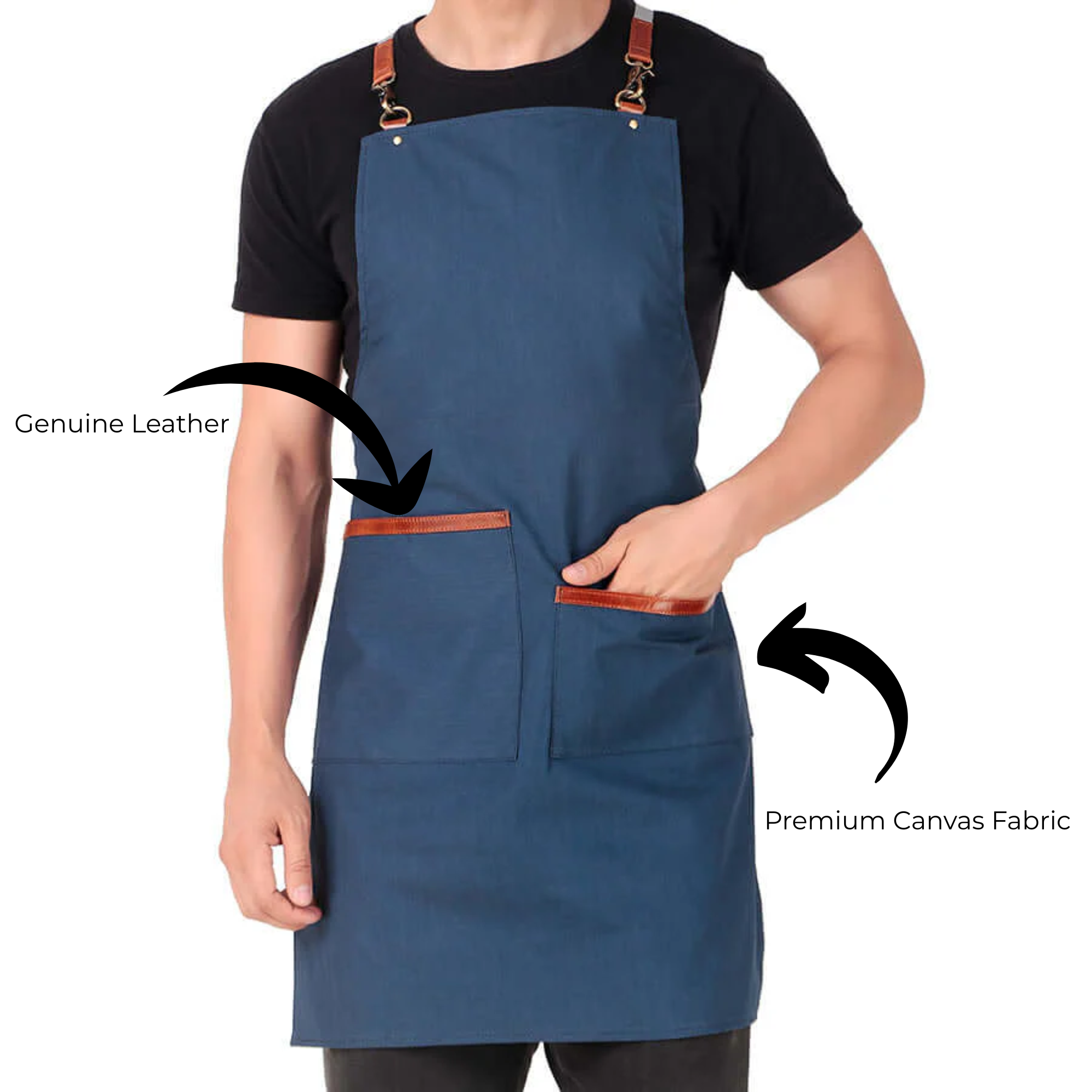 Person wearing a blue apron with leather straps on a white background