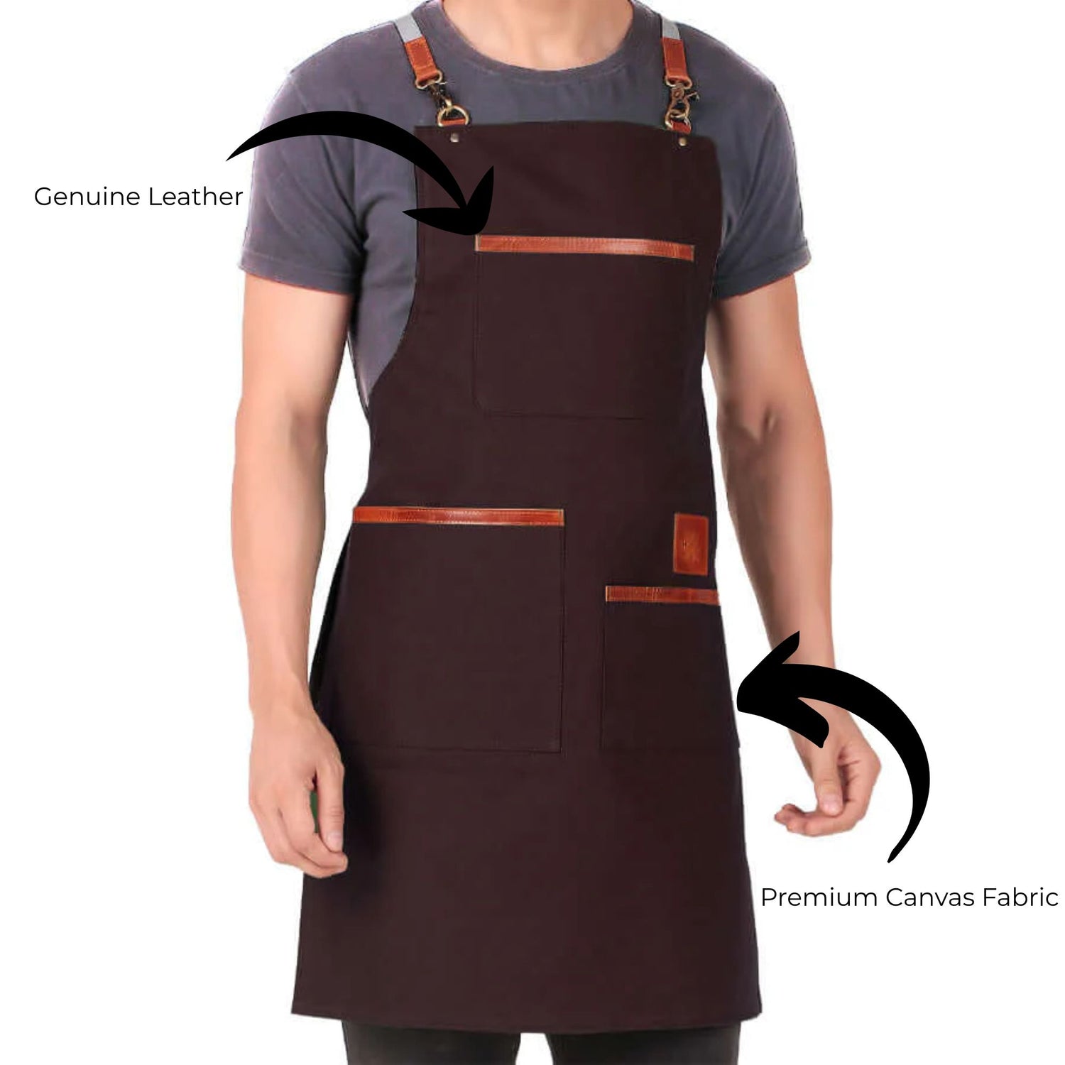 Brown apron with leather straps worn by a person on a white background