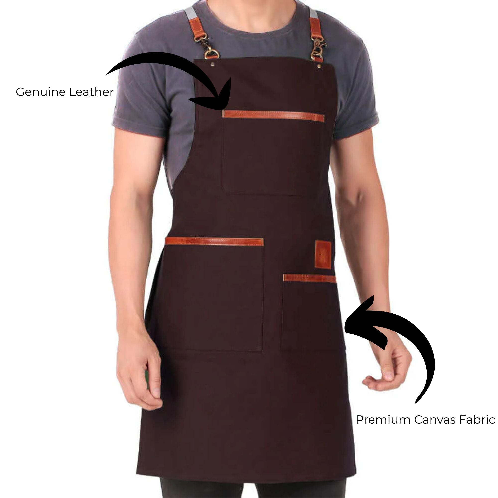 Brown apron with leather straps worn by a person on a white background
