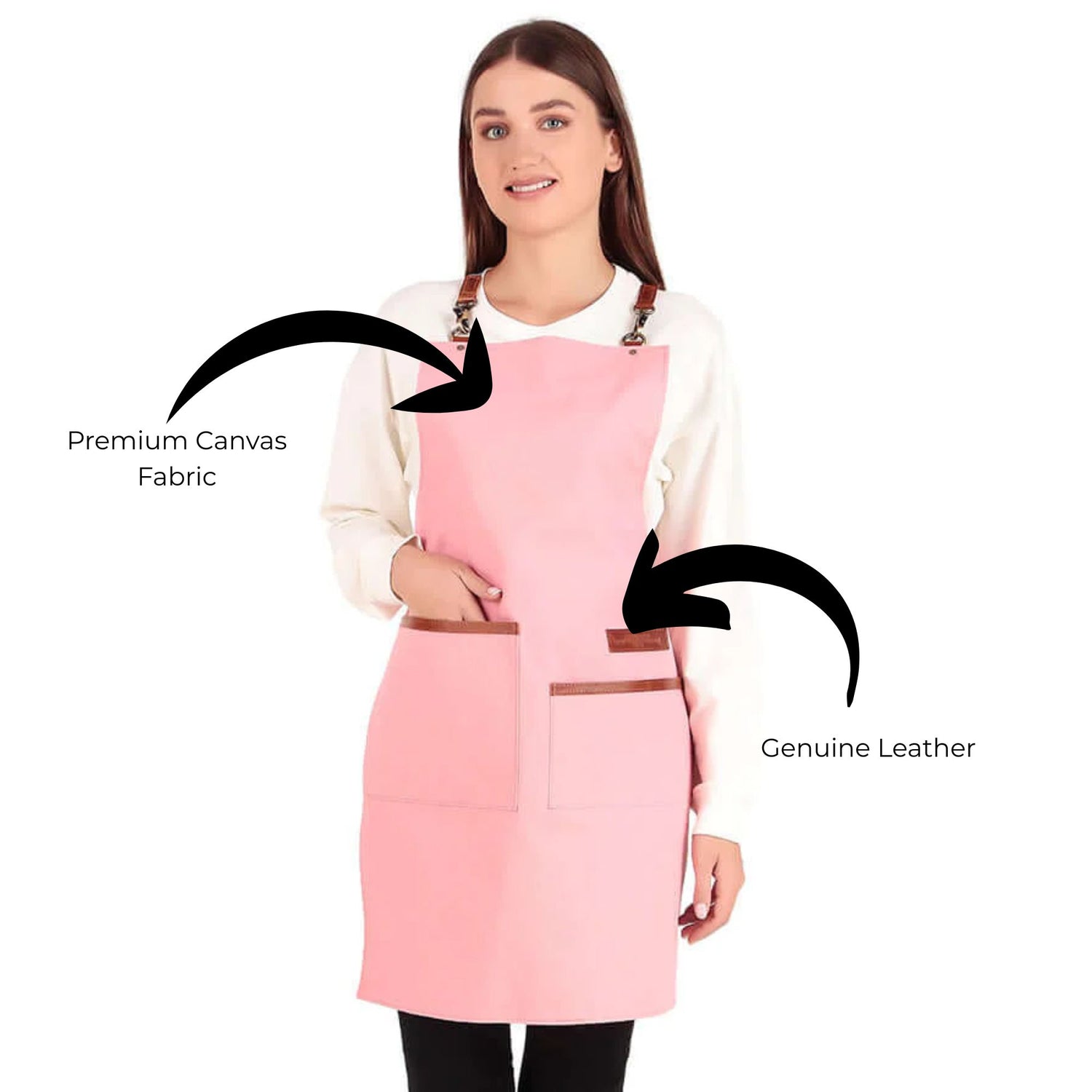 Woman wearing a pink apron with text indicating premium canvas fabric and genuine leather.