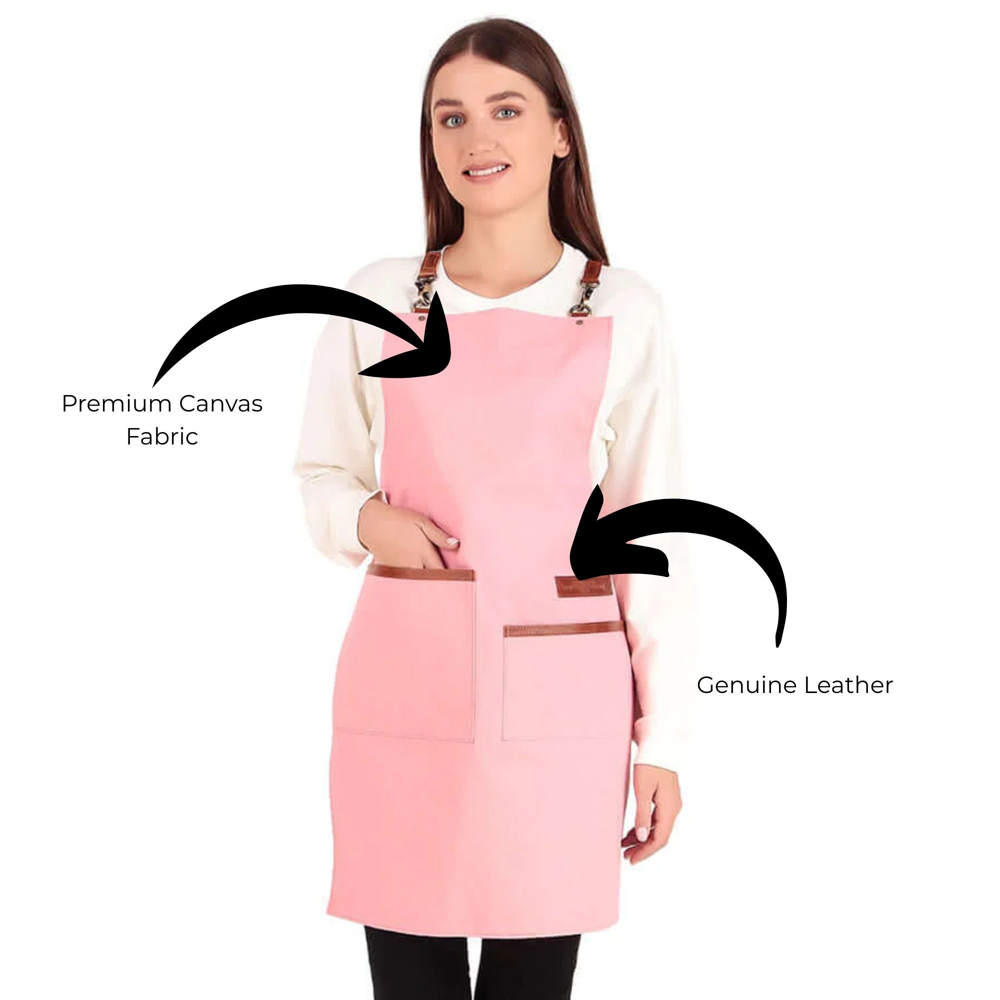 Woman wearing a pink apron with text indicating premium canvas fabric and genuine leather.