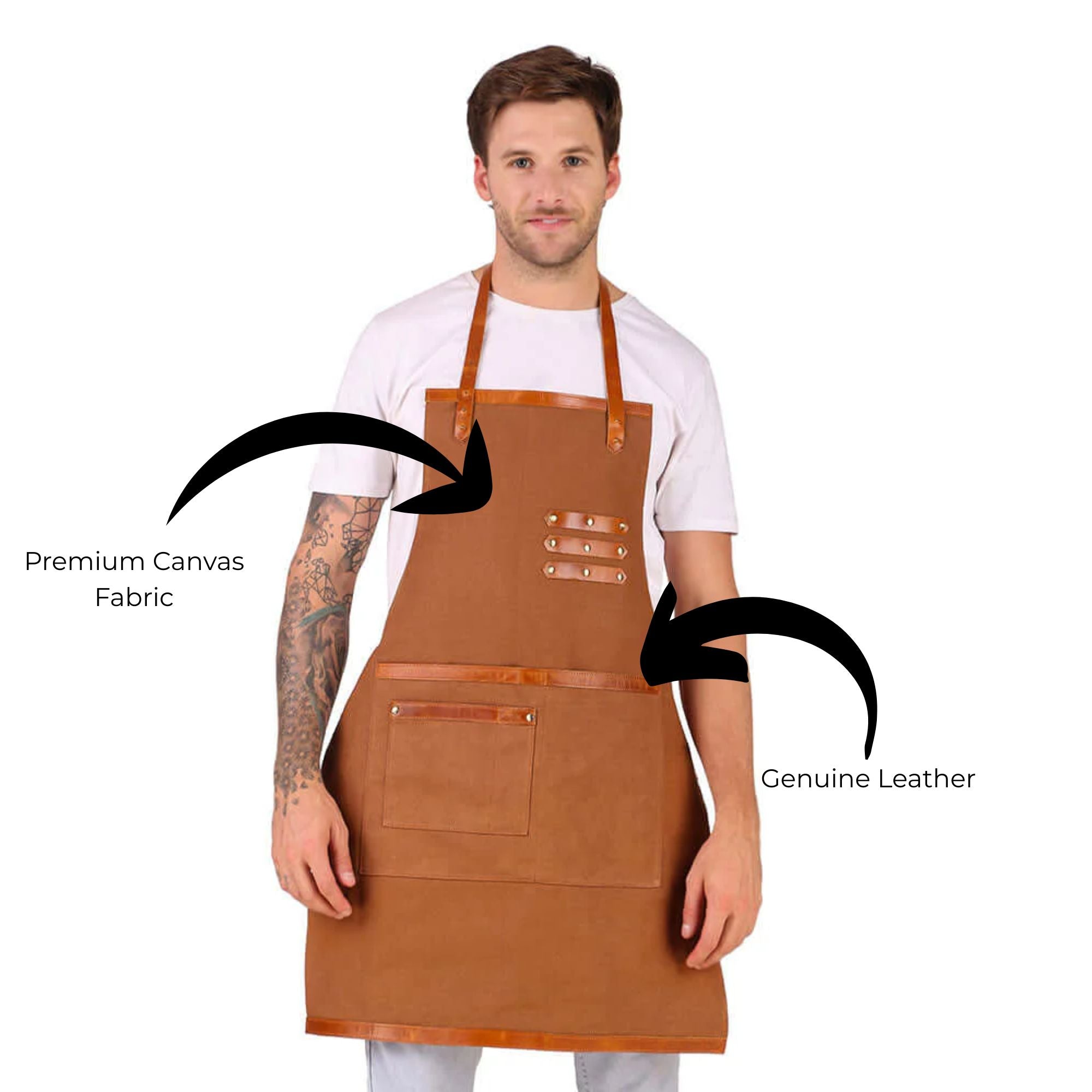 Man wearing a brown apron with text highlighting premium canvas fabric and genuine leather.