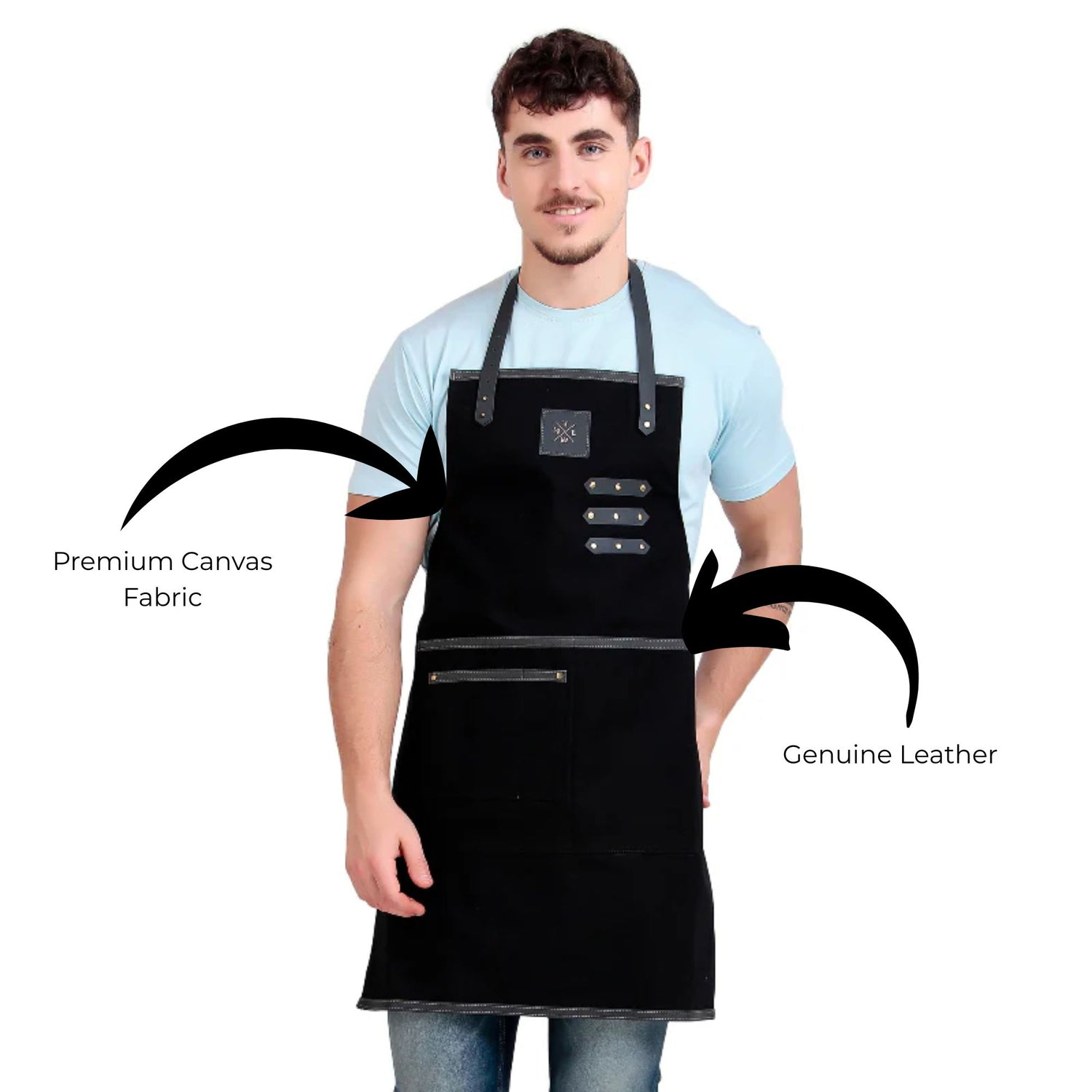 Man wearing a black apron with text highlighting premium canvas fabric and genuine leather.