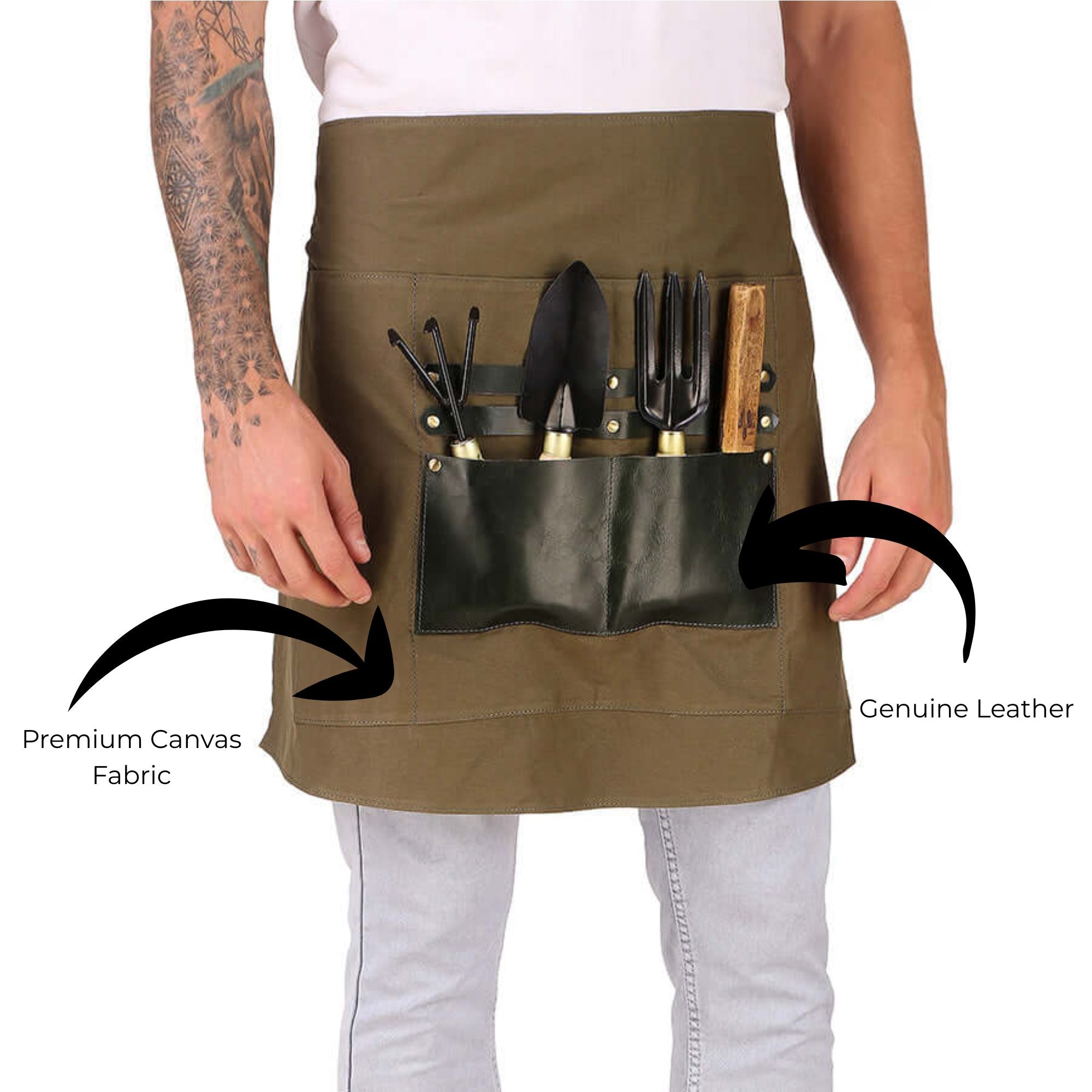 Person wearing a green apron with tool pockets, highlighting premium canvas fabric and genuine leather.