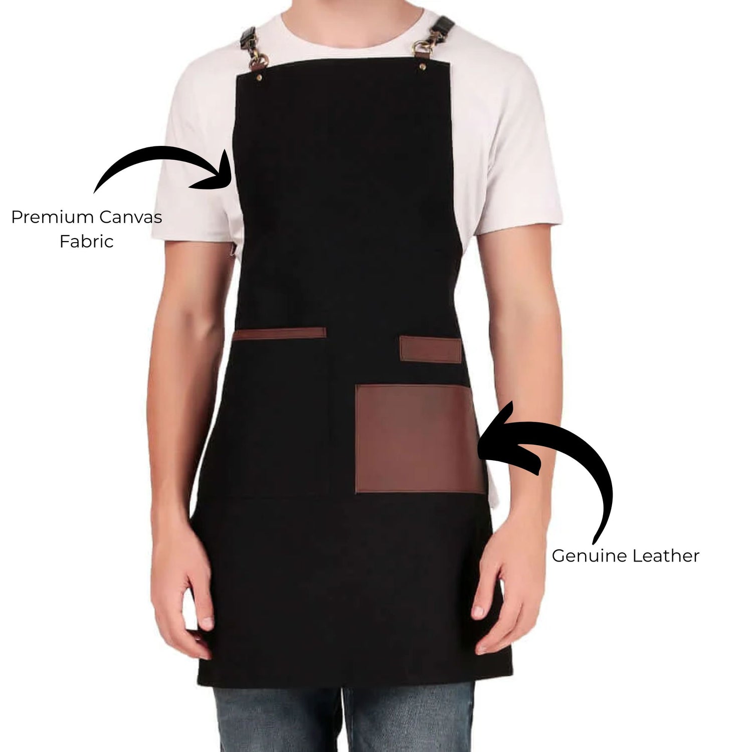 Black apron with premium canvas fabric and genuine leather accents on a white background