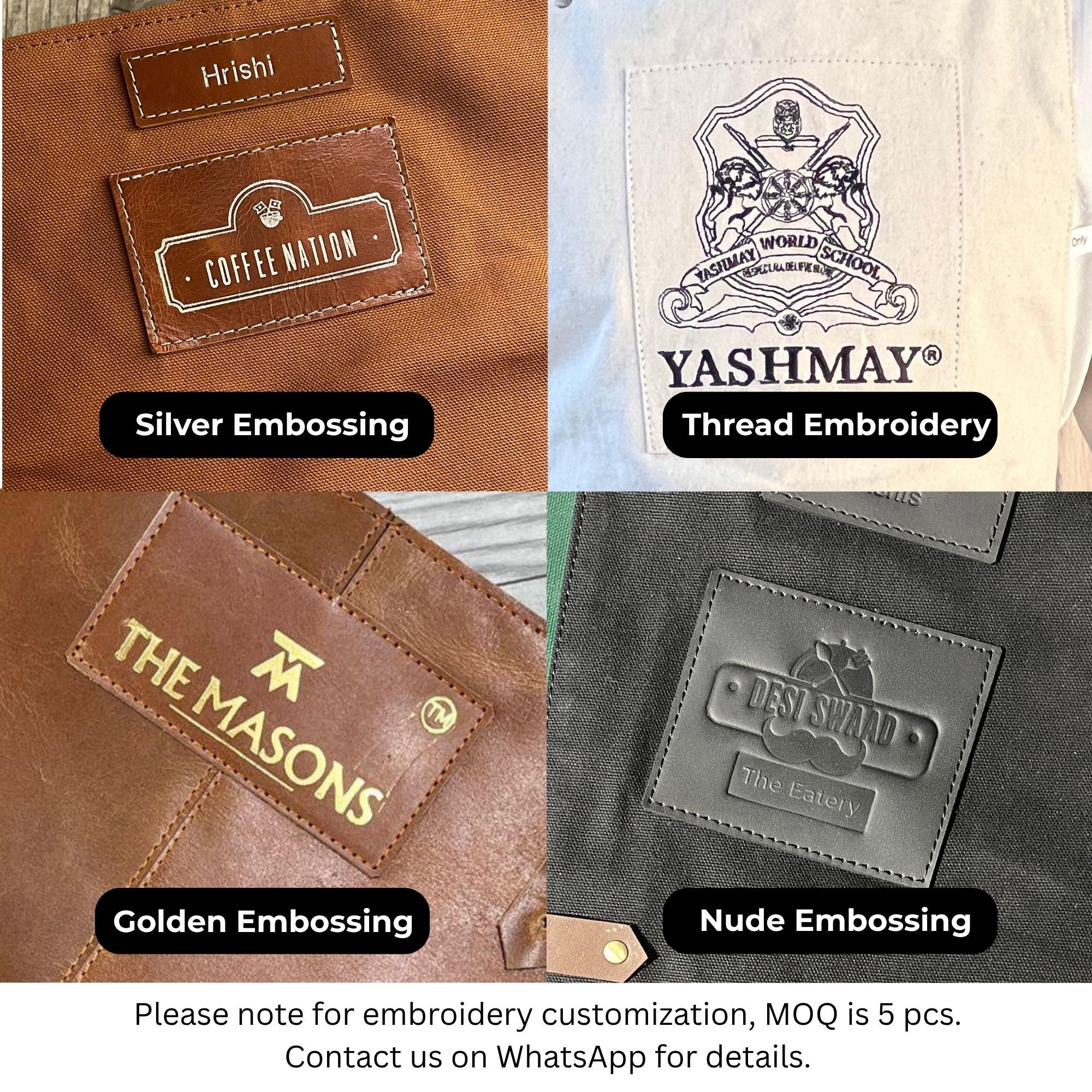Collage of different embossing styles on leather and fabric with brand names.