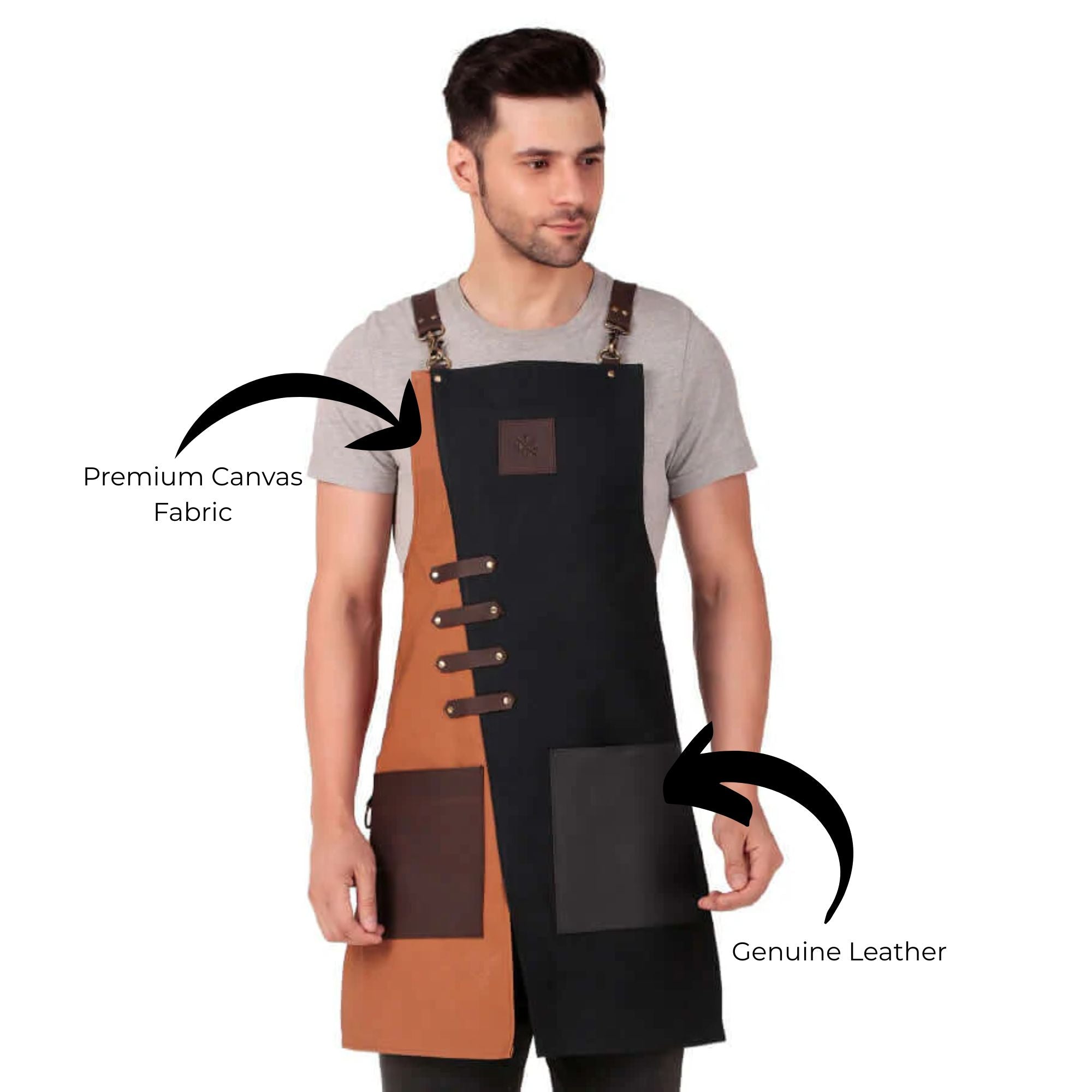 Man wearing a black and brown apron with labeled premium canvas fabric and genuine leather.