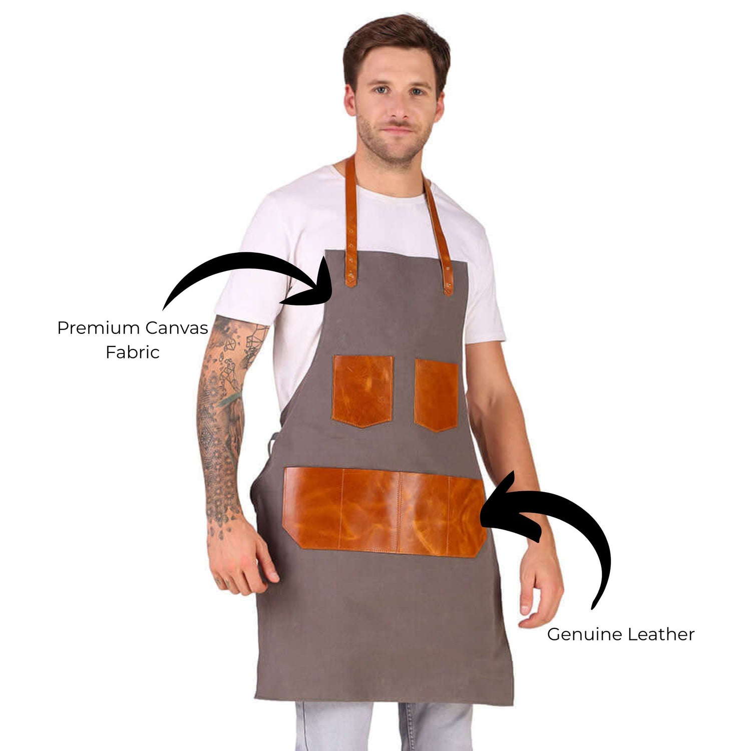 Man wearing a gray apron with brown leather accents, highlighting premium canvas fabric and genuine leather.