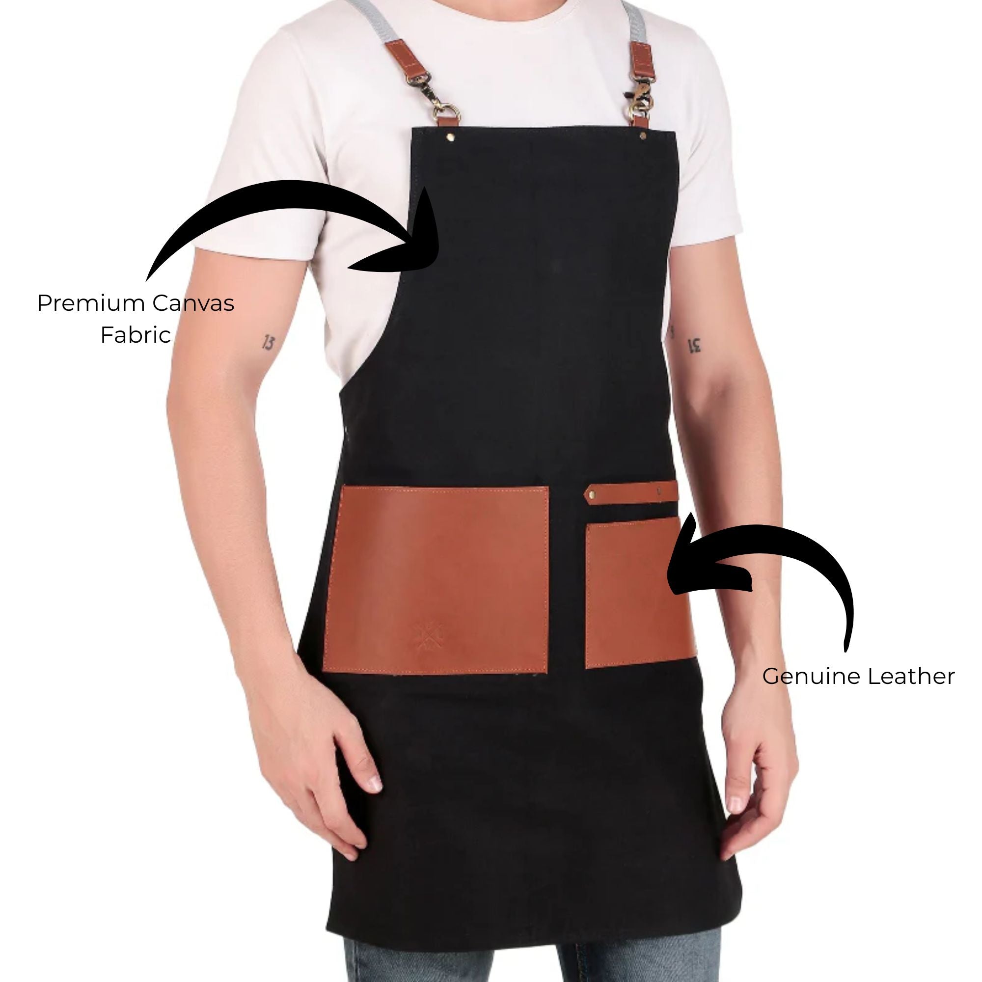 Person wearing a black apron with brown leather patch, highlighting premium canvas fabric and genuine leather.