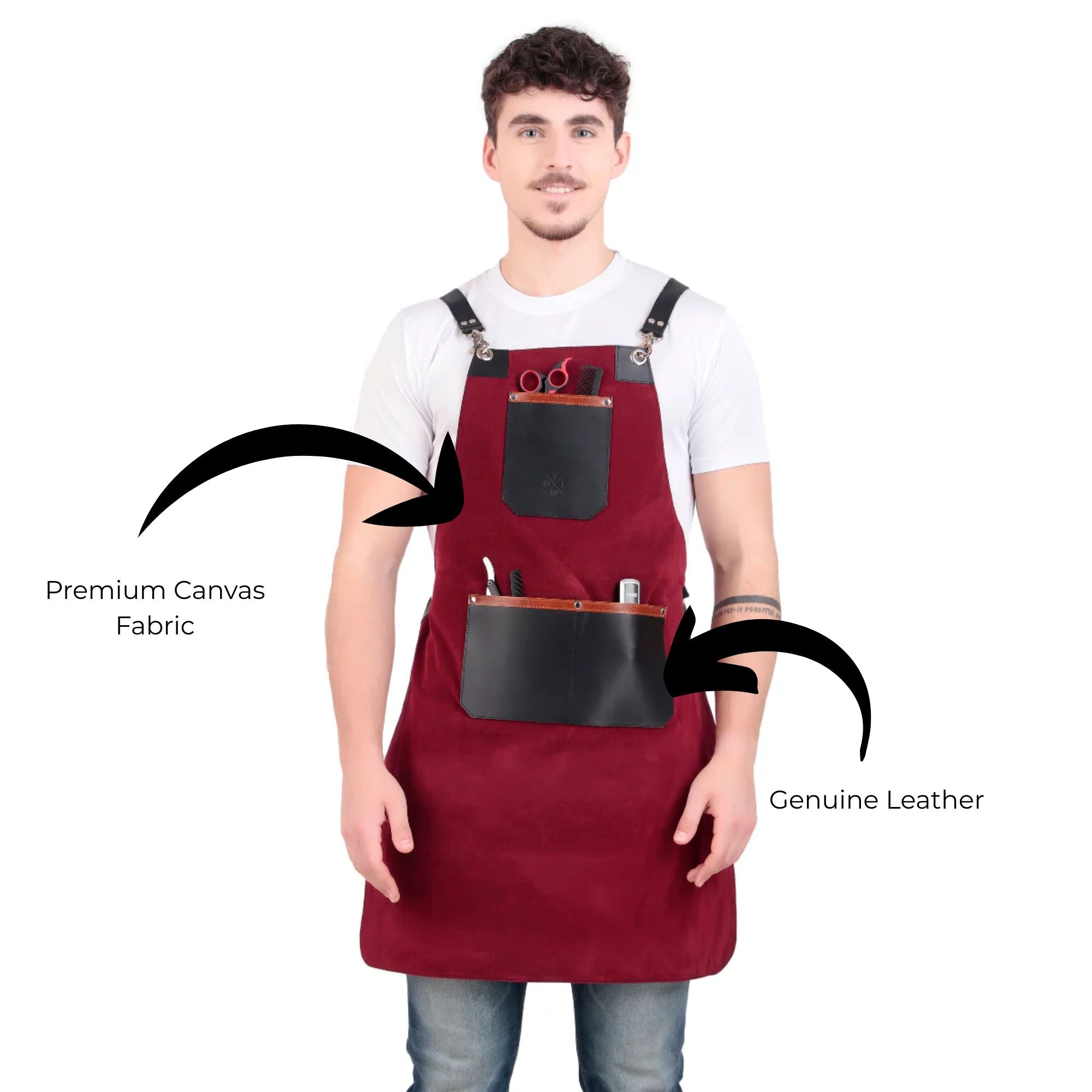 Man wearing a red apron with leather pockets on a white background