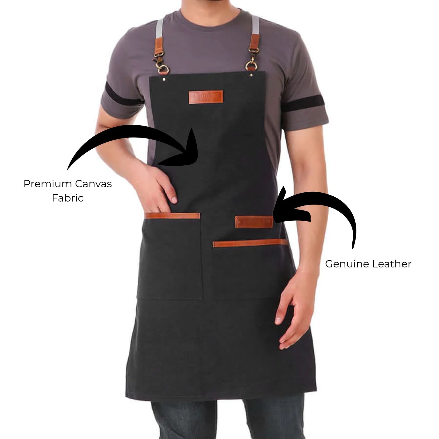 Person wearing a black apron with leather accents on a white background