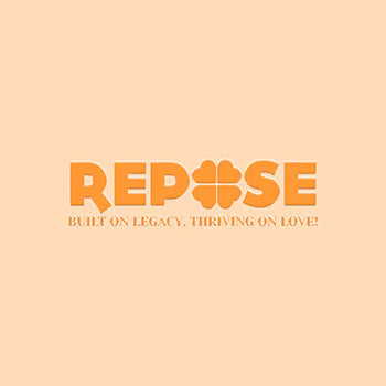 Orange 'REPOSE' logo on a beige background with tagline.
