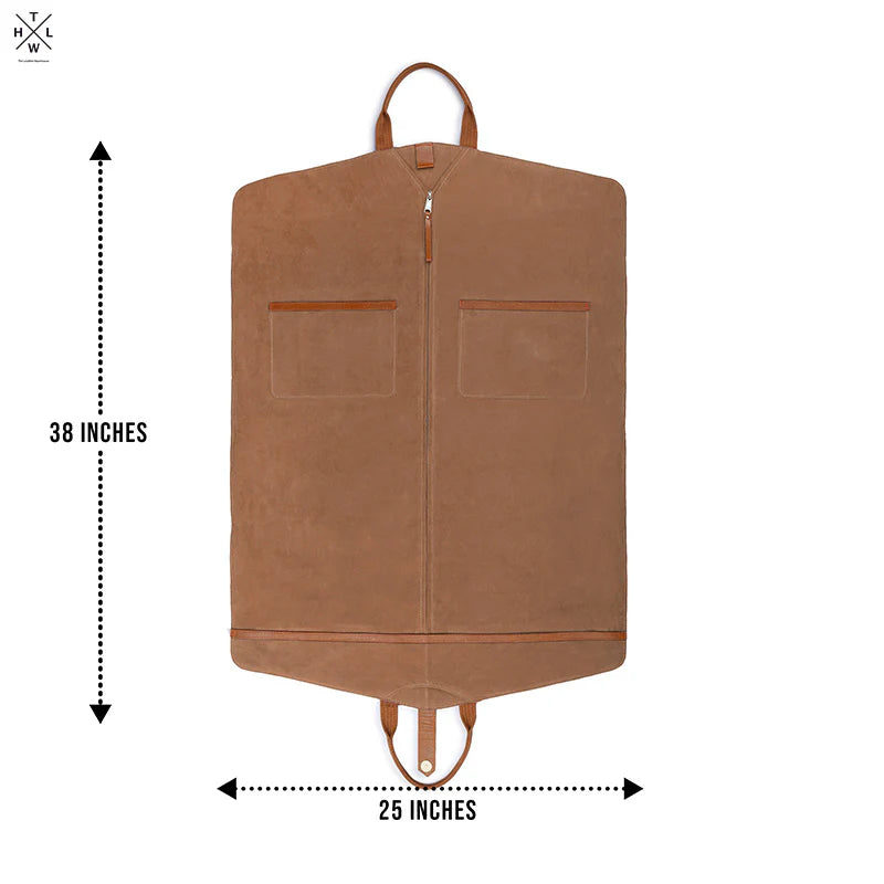 Brown garment bag with measurements on a white background