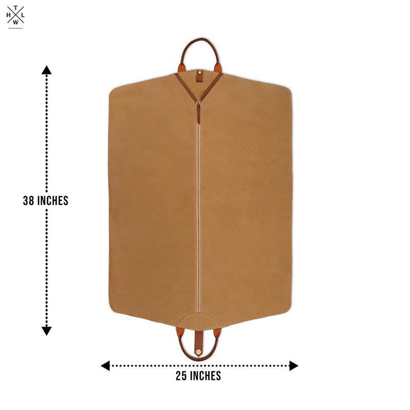 Brown garment bag with measurements on a white background