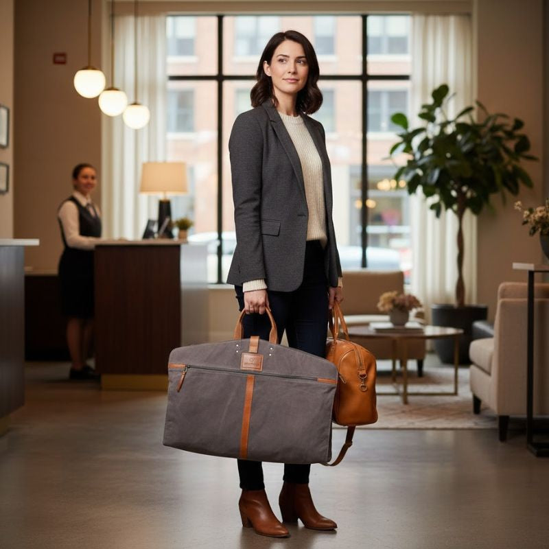 Woman holding a gray bag and brown leather suitcase in a hotel lobby.