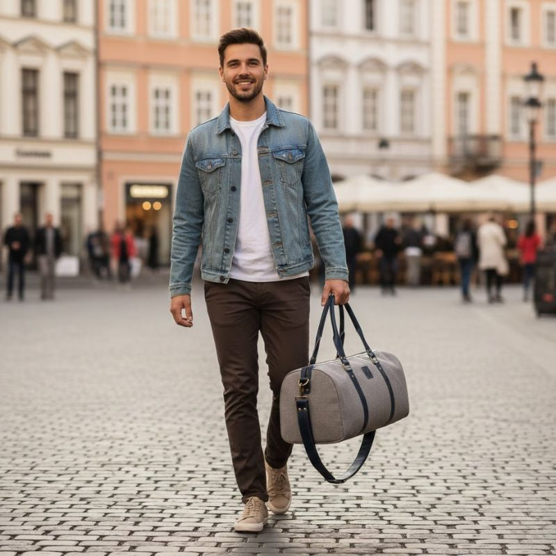 Man walking with a gray duffel bag in an urban setting