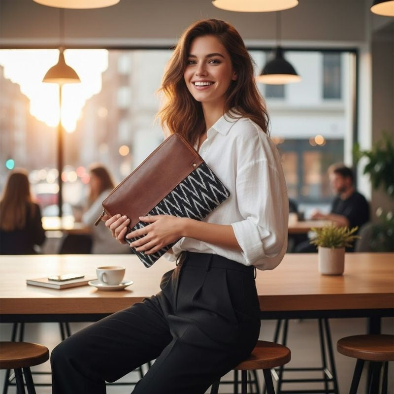 Woman holding a brown sleeve with a patterned interior in a cafe setting