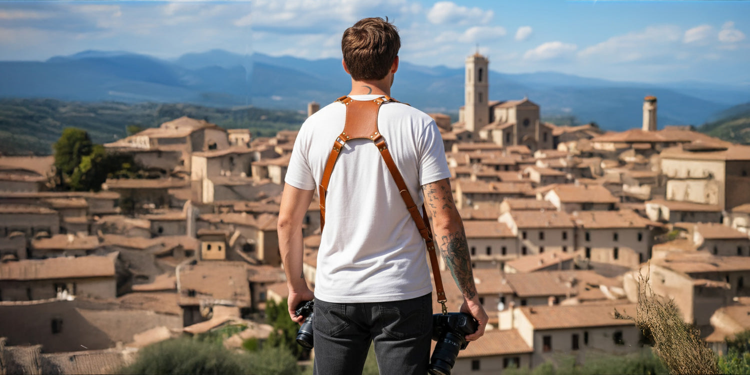 Man with suspenders overlooking a picturesque town with mountains in the background