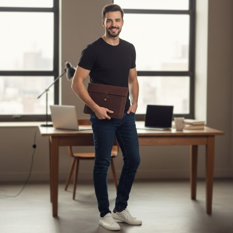 Man holding a brown leather sleeve in an office setting
