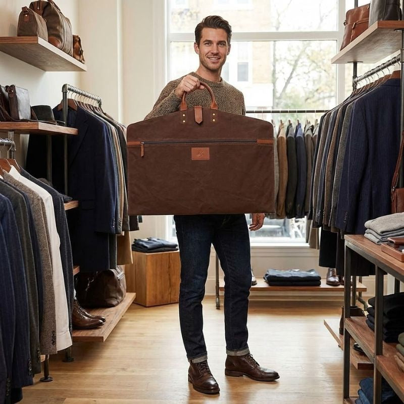 Man holding a brown velvet leather suit cover in a clothing store