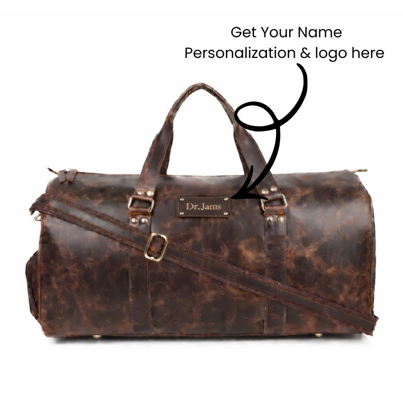Brown leather duffel bag with &