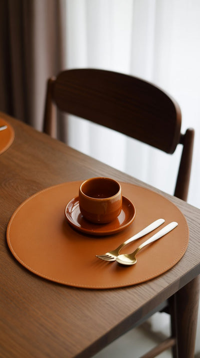 Ceramic cup and saucer with gold spoon and fork on a brown placemat, wooden chair in the background.