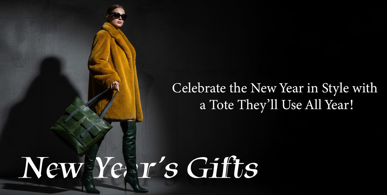 Person in a yellow coat holding a green tote with text promoting New Year's gifts.