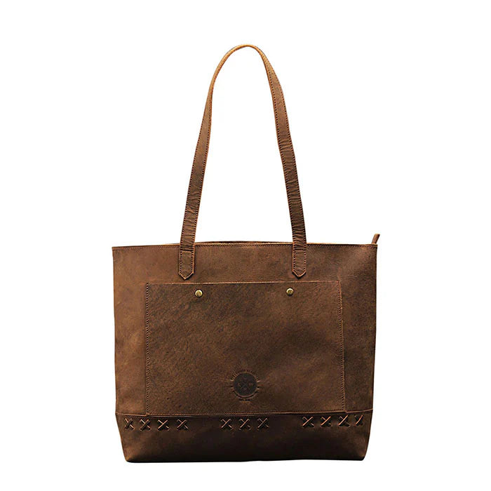 Brown leather tote bag with decorative stitching on a white background