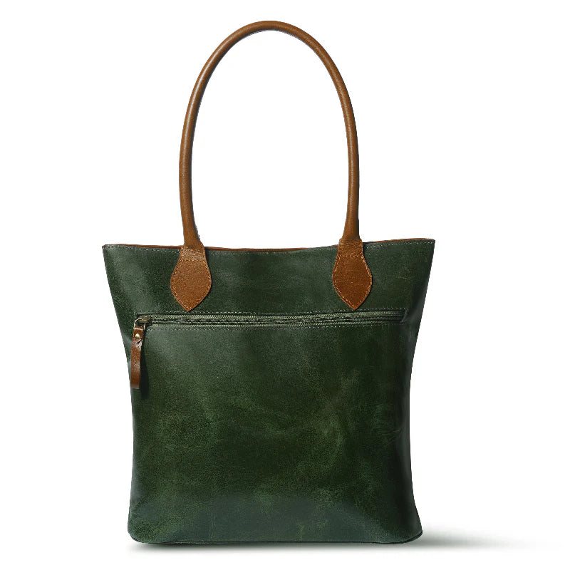 Green tote bag with brown handles and accents on a white background