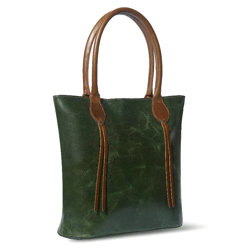 Green tote bag with brown handles and straps on a white background