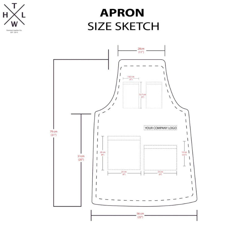 Measurement sketch of an apron with dimensions and a placeholder for a company logo.