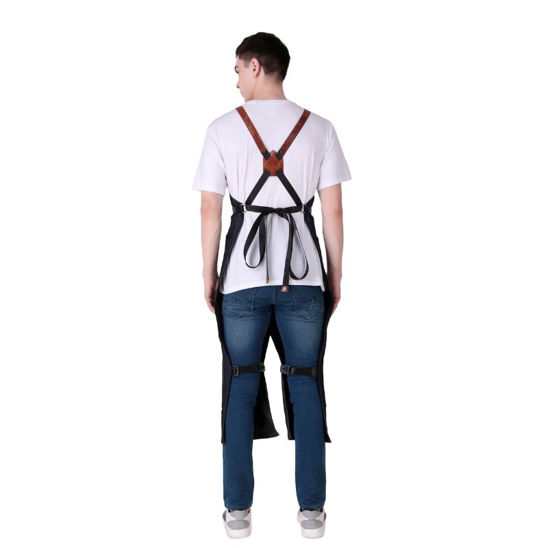 Person wearing a black and brown back brace on a white background