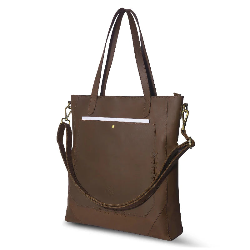 Brown tote bag with a shoulder strap on a white background