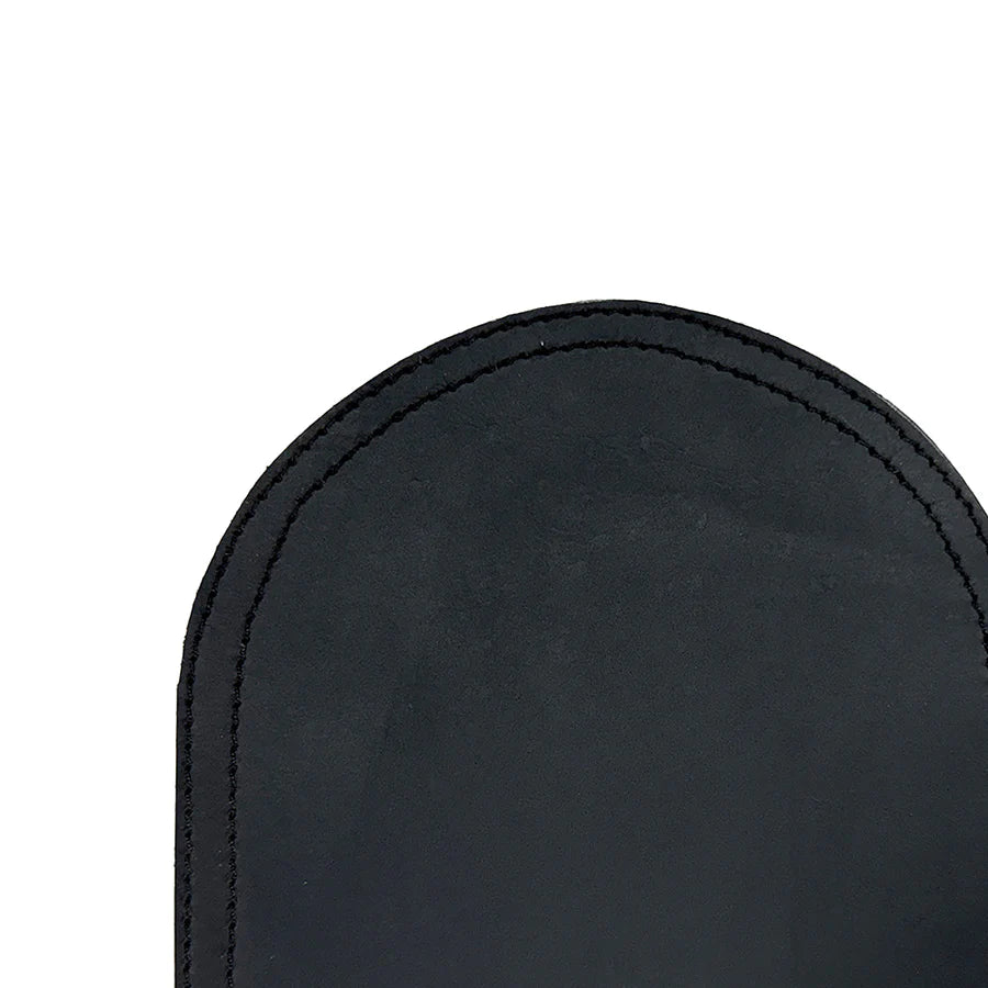 Close-up of a black leather product on a white background