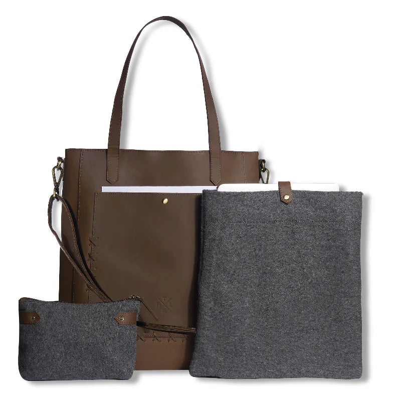 Brown tote bag with gray felt pouches on a white background