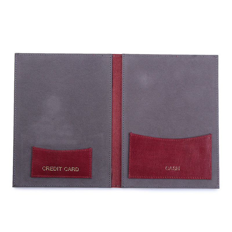 Gray wallet with red card slots labeled &