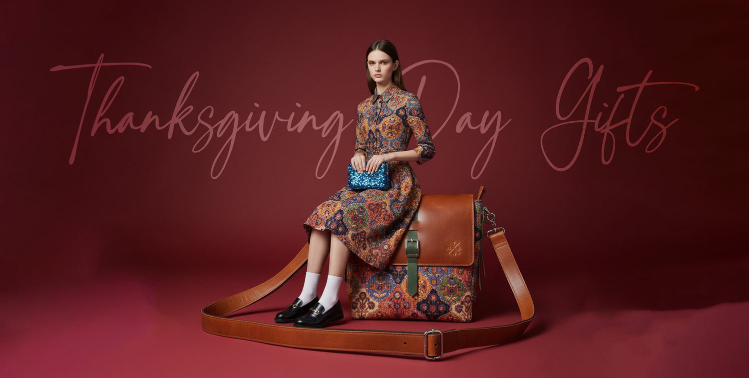 Woman sitting on a large decorative bag with 'Thanksgiving Day Gifts' text on a red background