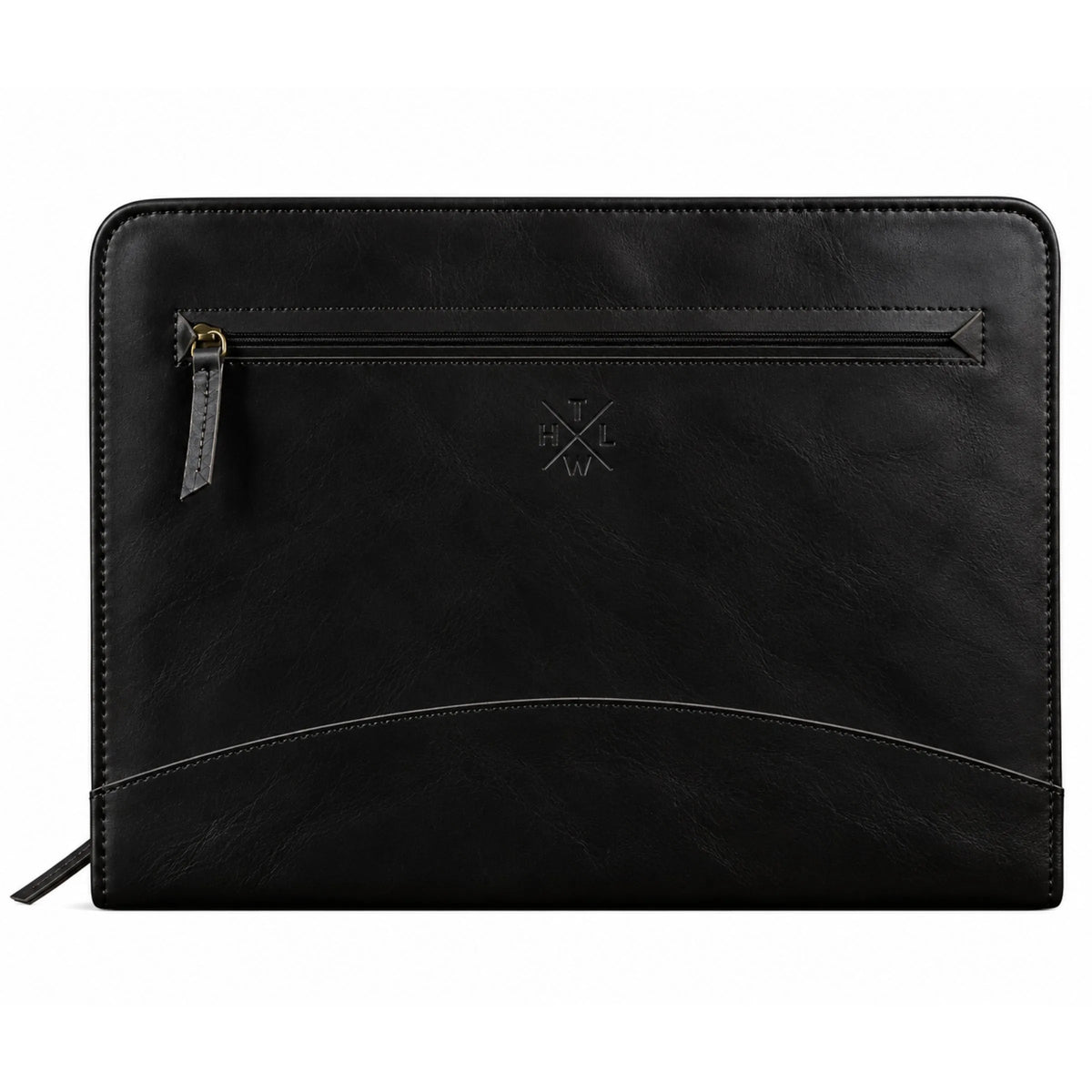 Black leather portfolio with front zipper pocket and curved document pocket