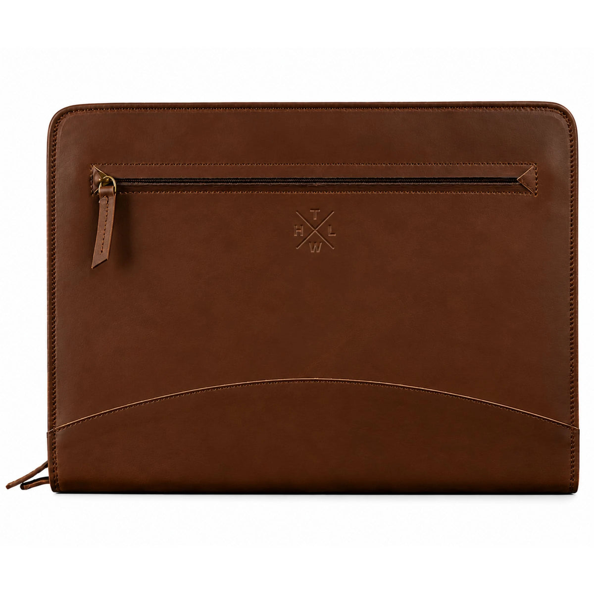 Brown leather portfolio with a front zipper pocket and curved document storage pocket
